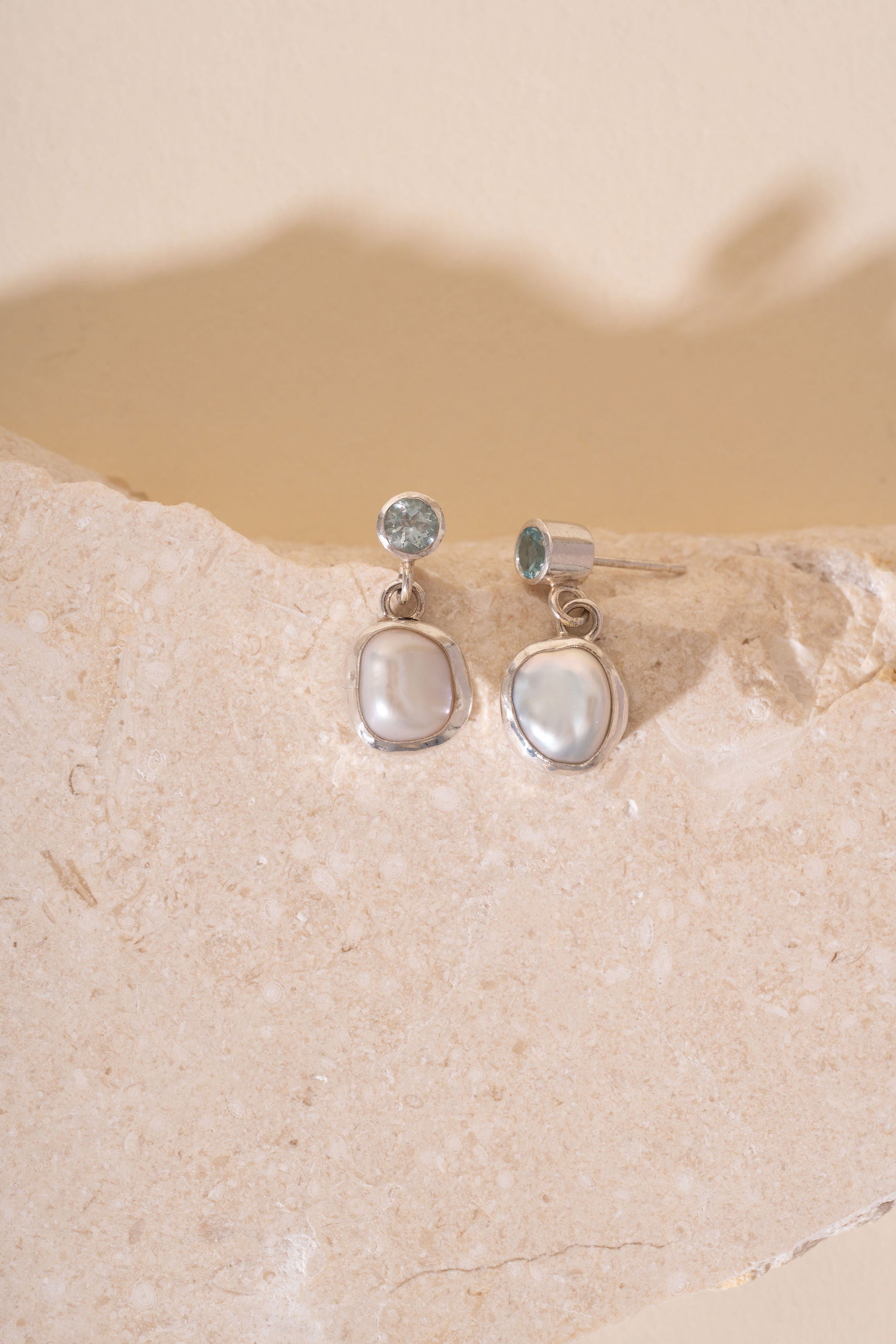 Organic Pearl and Aquamarine Drop Earrings