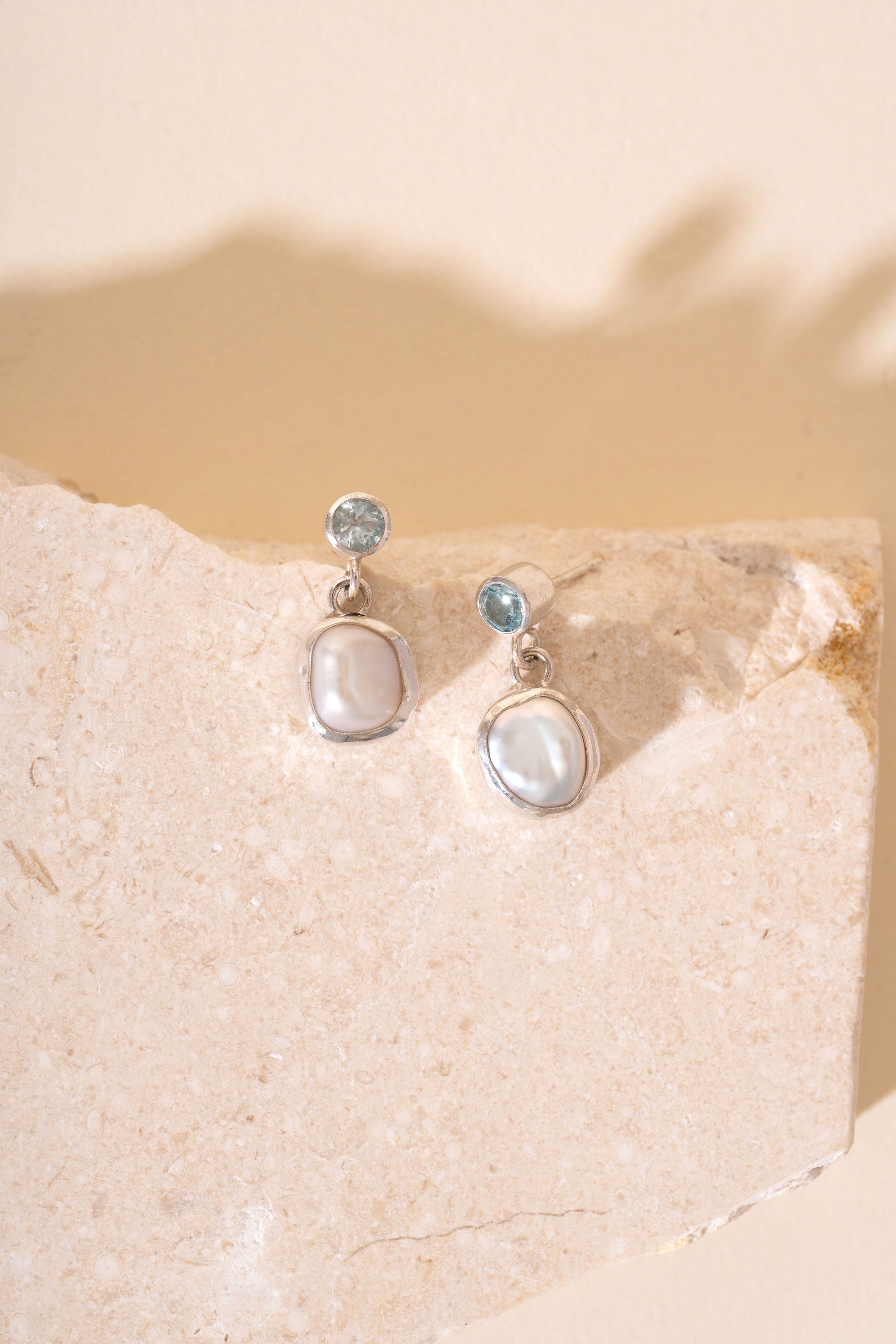 Organic Pearl and Aquamarine Drop Earrings