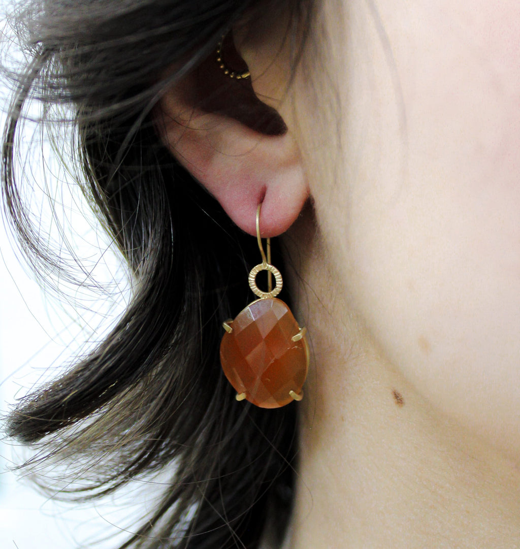 9ct yellow Recycled Gold Carnelian checkerboard gemstone Sunburst drop earrings on model