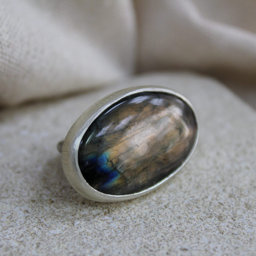 Large Recycled Silver Labradorite Oval Statement Ring image 0