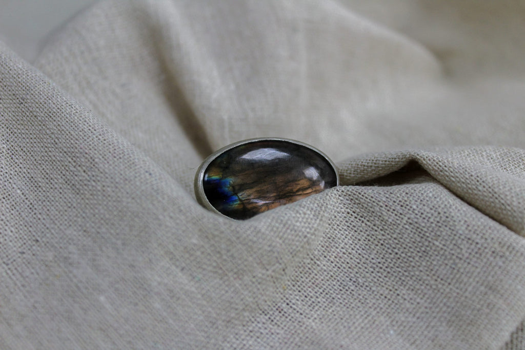 Large Recycled Silver Labradorite Oval Statement Ring image 1